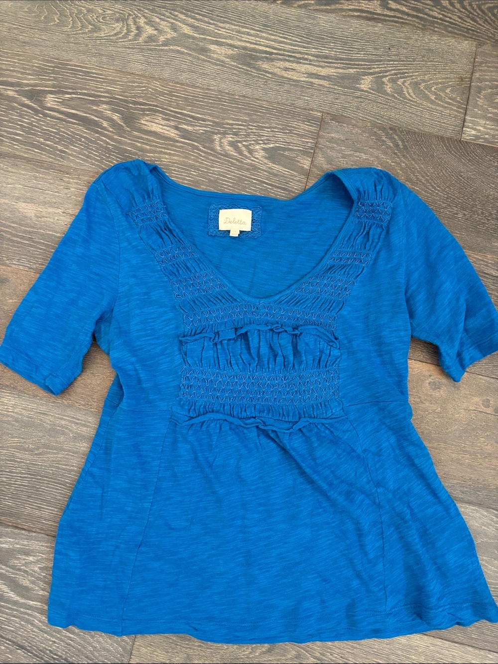 Deletta Cobalt Blue Smocked V-Neck Short Sleeve Top